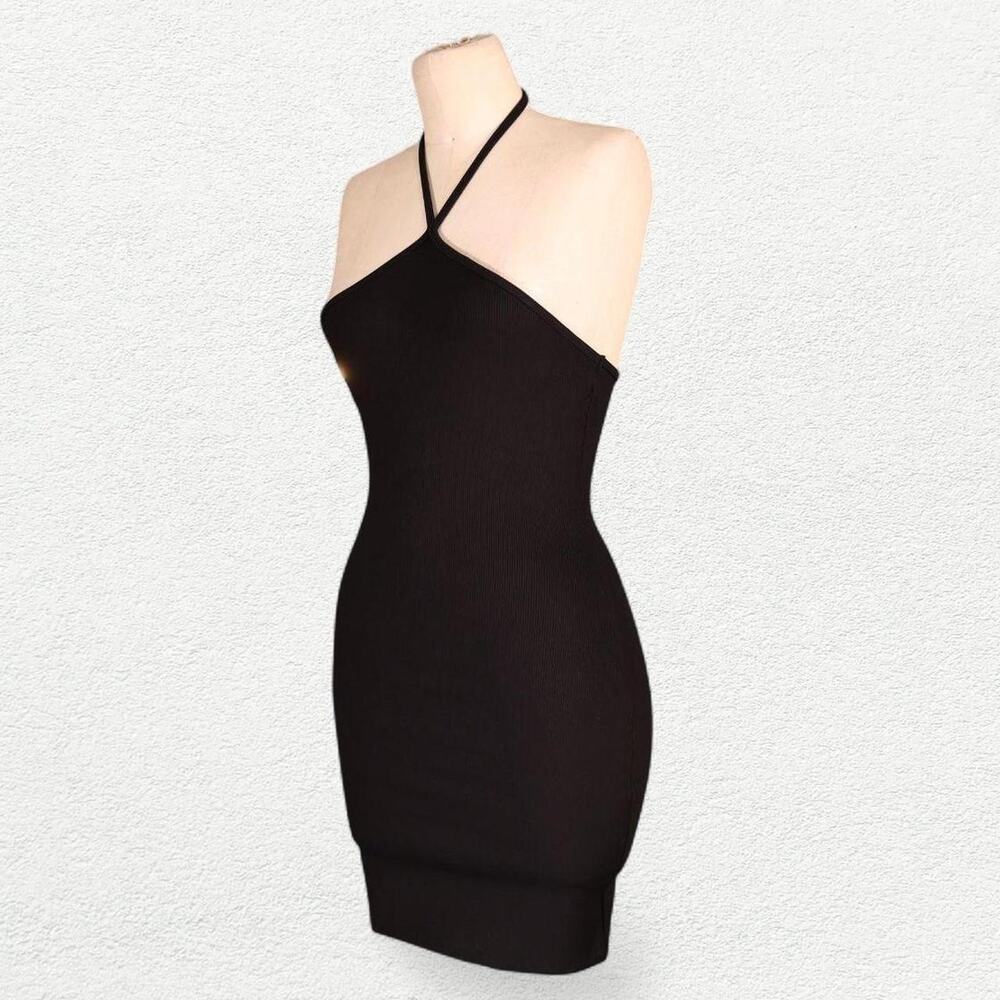Meshki Basics Margot Halter Neck Ribbed Mini Dress in Black